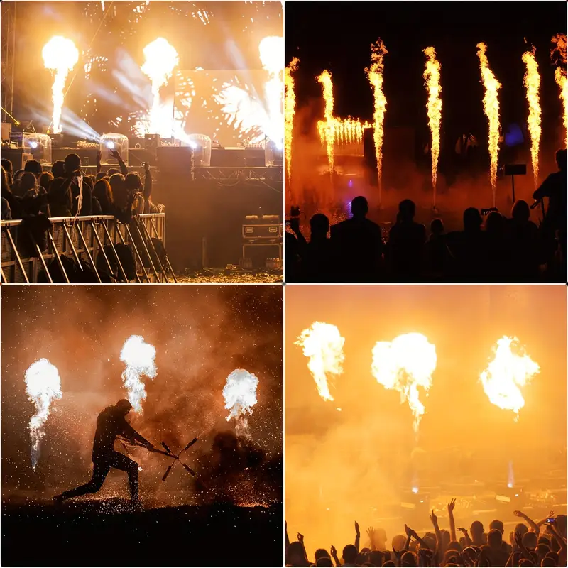 DMX Flammenprojektoren erzeugen hohe Feuersäulen neben einer Bühne.