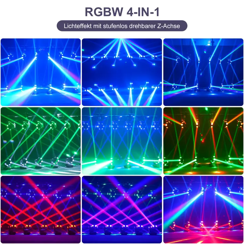 Ein 3-Achsen LED Moving Head projiziert blaue Lichtstrahlen durch den Nebel in einem dunklen Raum.